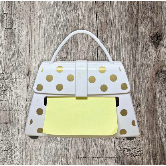 Sticky Note‎ holder in the shape of a white purse with gold polka dots - Picture 1 of 2